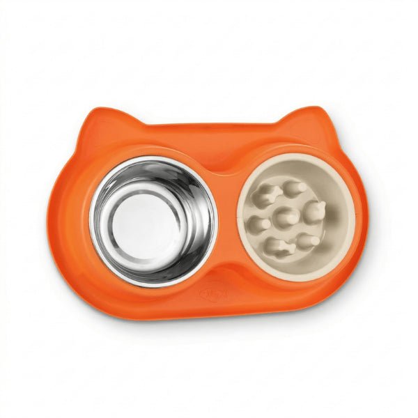 Gamelles anti glouton chat double orange avec bol inox et anti vomissement