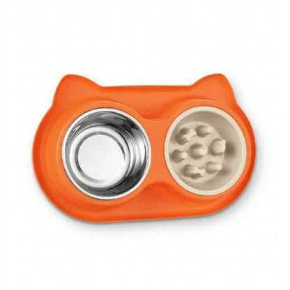 Gamelles anti glouton chat double orange avec bol inox et anti vomissement