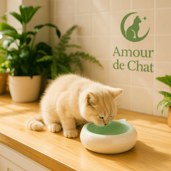 Gamelles chaton design céramique vert ronde tête chat avec chaton blanc sur table cuisine - MiniCroc™