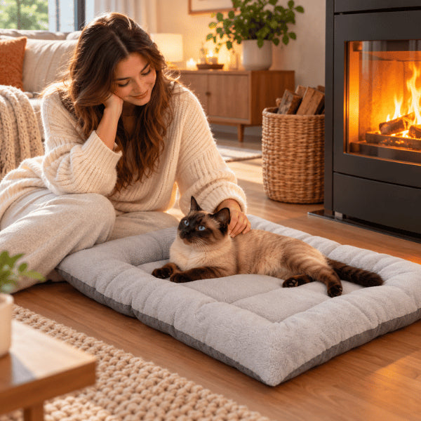 Grand tapis pour chat près du feu pour repos chaud et confortable