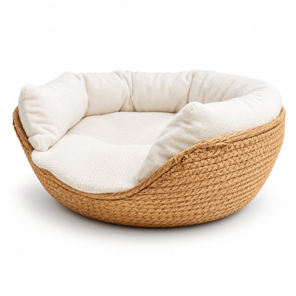 Lit en bambou pour chat tressé avec coussin blanc épais rembourré