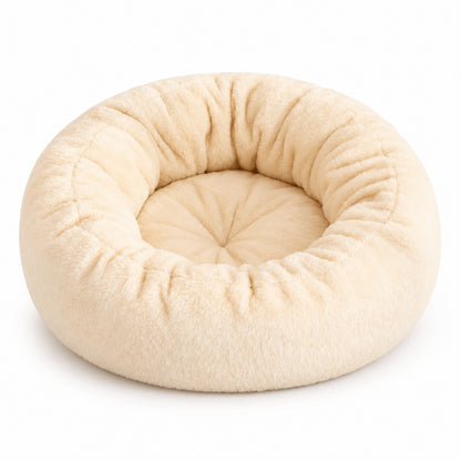 Lit pour chat beige en peluche douce avec coussin central enveloppant confortable