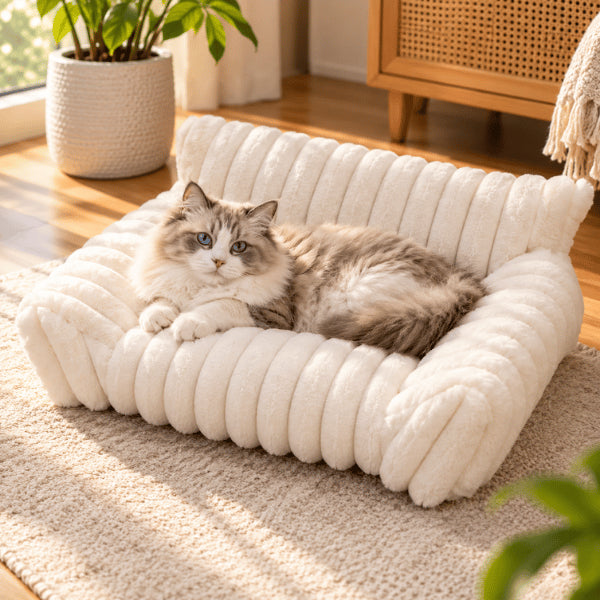 Lit pour chat blanc côtelé avec rebords enveloppants pour repos confortable