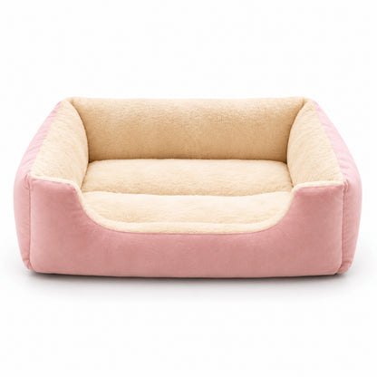 Lit pour chat rectangulaire rose crème avec couchage chaud et rebords sécurisants