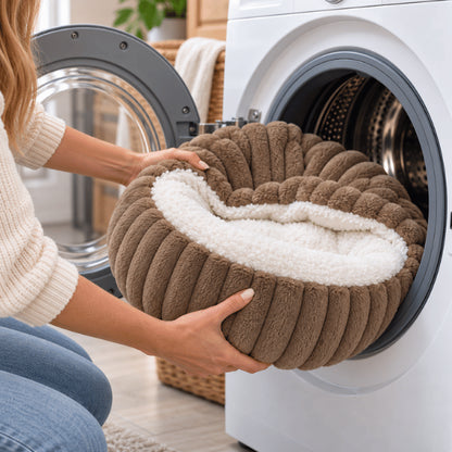 Lit chaton brun lavable en machine avec capuche souple et peluche épaisse