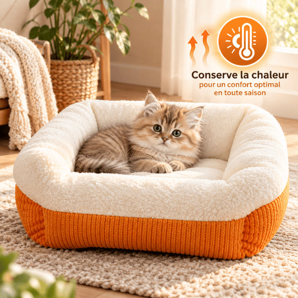 Couchage chaton bleu chaud et moelleux conçu pour le repos toutes saisons