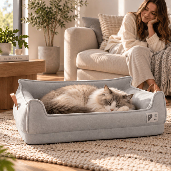 Lit orthopédique pour chat gris offrant soutien moelleux et repos confortable