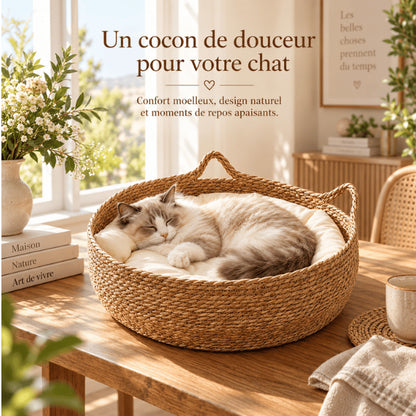 Lit en osier pour chat au design naturel avec couchage rembourré apaisant