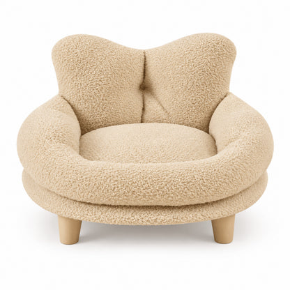 Lit pour chat beige vu de face avec dossier ergonomique enveloppant