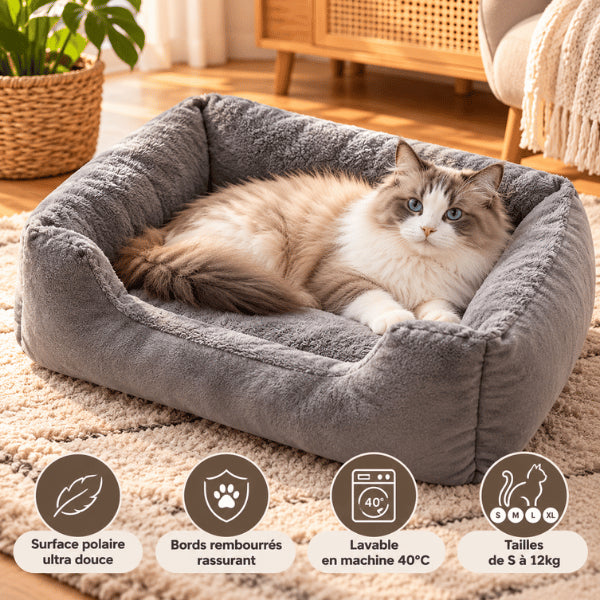 Lit rectangulaire pour chat gris lavable avec bords rassurants et polaire douce