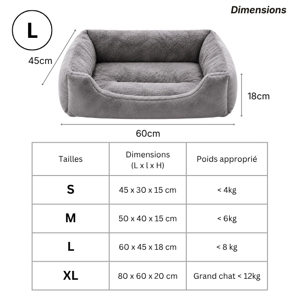 Lit rectangulaire pour chat dimensions S M L XL jusqu’à douze kilos