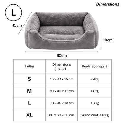 Lit rectangulaire pour chat dimensions S M L XL jusqu’à douze kilos