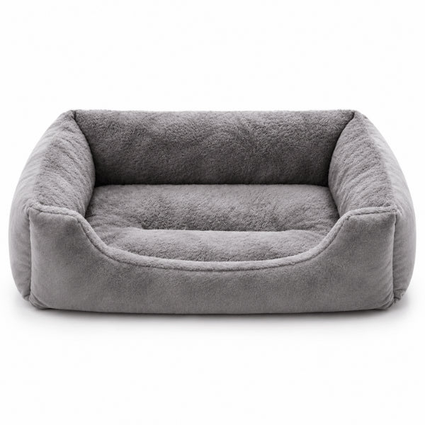 Lit rectangulaire pour chat gris en polaire douce avec bords rembourrés enveloppants