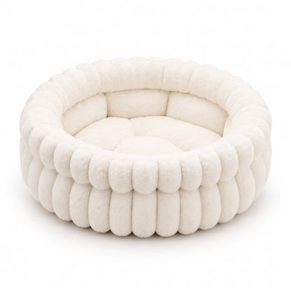 Lit rond pour chat blanc profond en peluche avec bord côtelé rembourré
