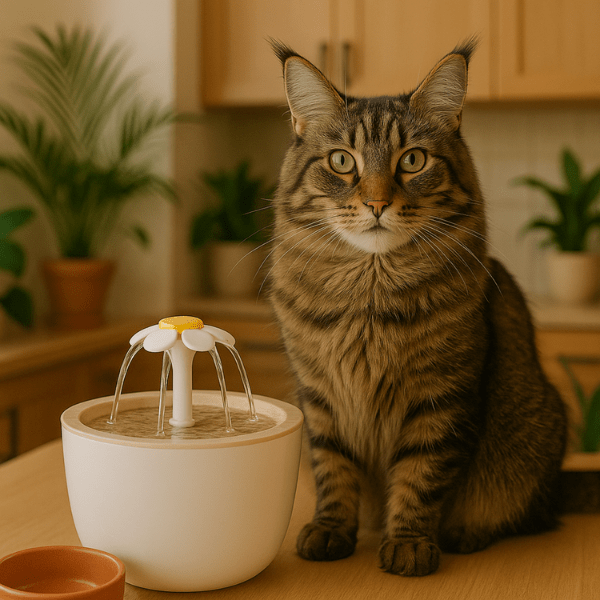 Maine coon avec fontaine à eau pour chat CatDrinker™ grain de bois