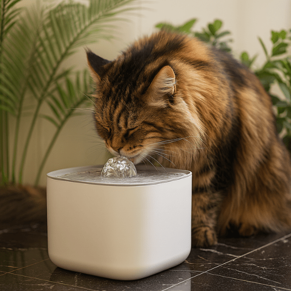 Maine coon qui boit dans fontaine a eau chat AquaLove carré gris blanc salon