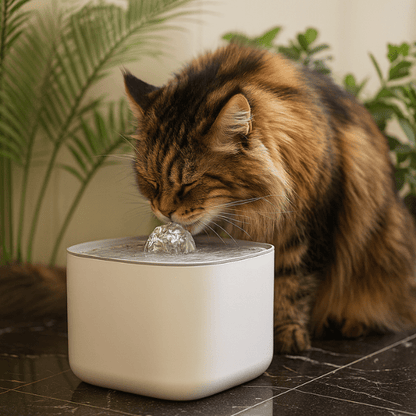 Maine coon qui boit dans fontaine a eau chat AquaLove carré gris blanc salon