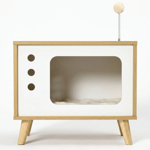 Maison en bois pour chat avec façade blanche ventilée niche balle de jeu et pieds surélevés