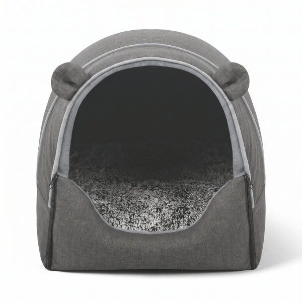 Maison pour chat interieur grise avec oreilles de chat et large entrée douillette