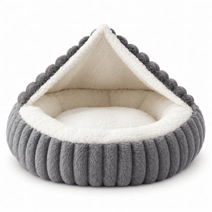 Nid pour chaton gris semi fermé avec capuche et coussin moelleux