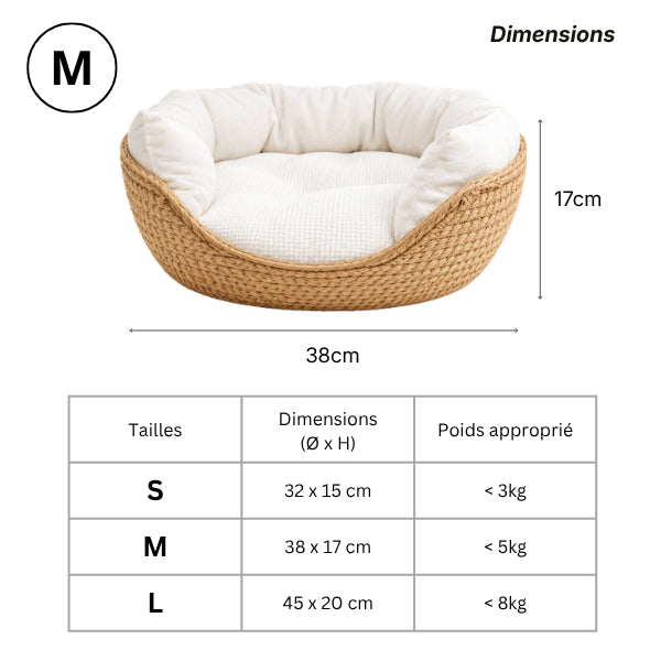 Panier chat bambou naturel disponible en trois dimensions selon son gabarit