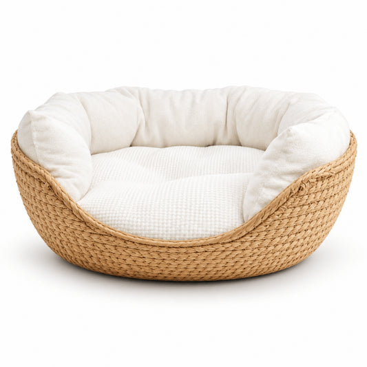 Panier chat en bambou naturel avec couffin oreiller à rebords protecteurs et coussin doux