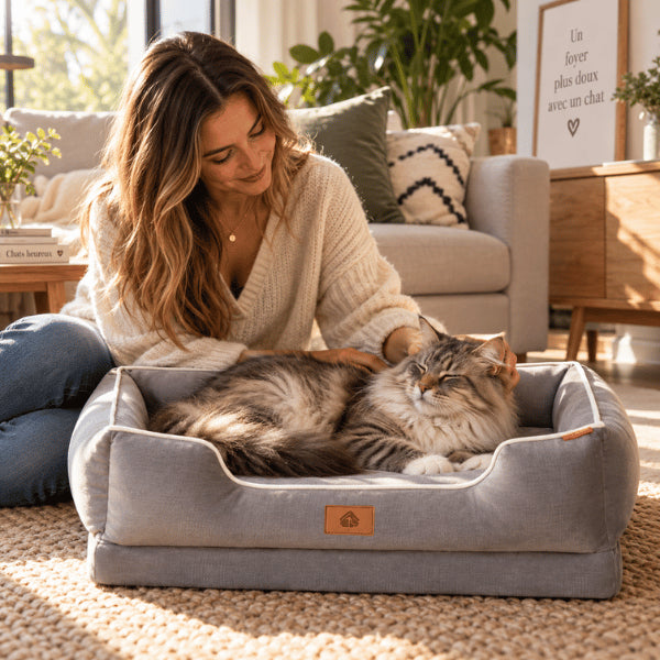 Panier chat spacieux accueillant un grand félin confortablement installé au repos