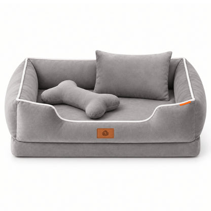 Panier chat gris avec coussin os et oreiller pour davantage de confort