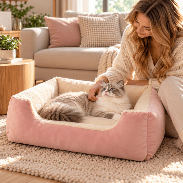 Panier chat rectangulaire rose crème avec bords moelleux et assise douce