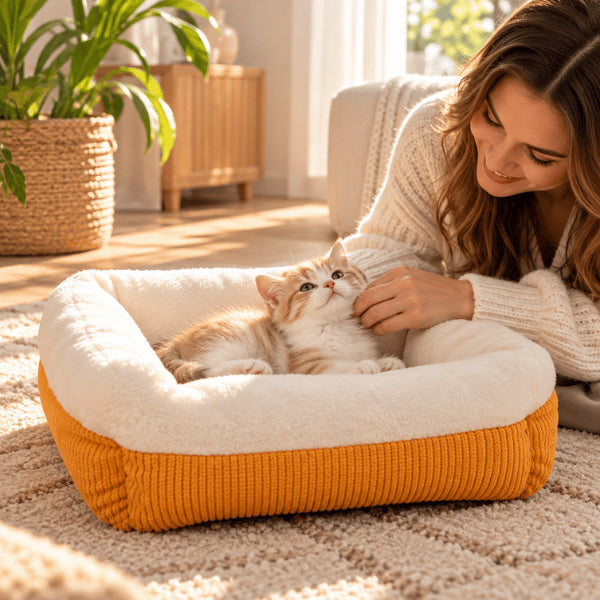 Panier chaton orange enveloppant pour moments de repos confortables près du propriétaire