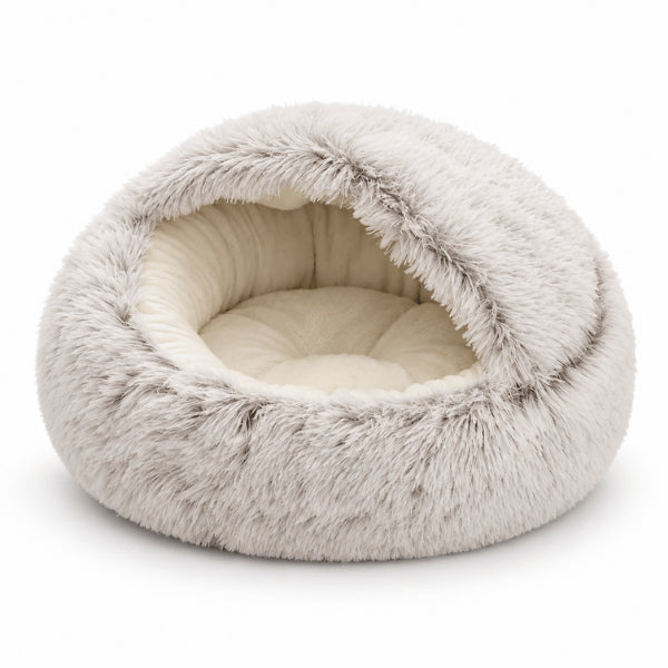 Panier chatons gris avec toit semi fermé et coussin moelleux intégré