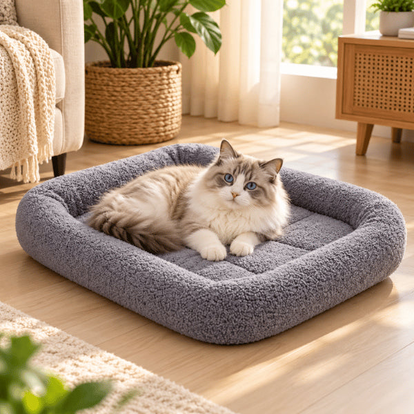 Panier pour chats gris moelleux avec assise épaisse pour sommeil réparateur