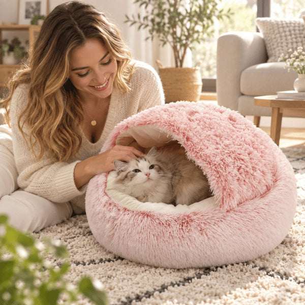 Panier grotte pour chaton rose en peluche douce avec intérieur rembourré