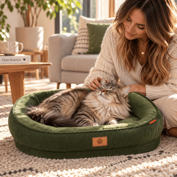 Panier pour chat vert accueillant un grand félin maine coon dans un espace enveloppant