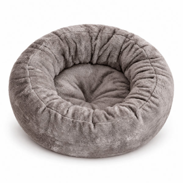 Panier rond pour chat gris moelleux avec bords hauts pour sommeil rassurant