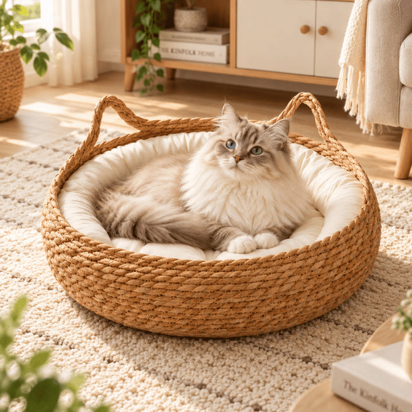 Panier rond pour chat en rotin avec coussin moelleux pour grand félin