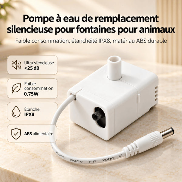 Pompe fontaine à eau chat silencieuse sous 25 dB étanche IPX8 basse consommation