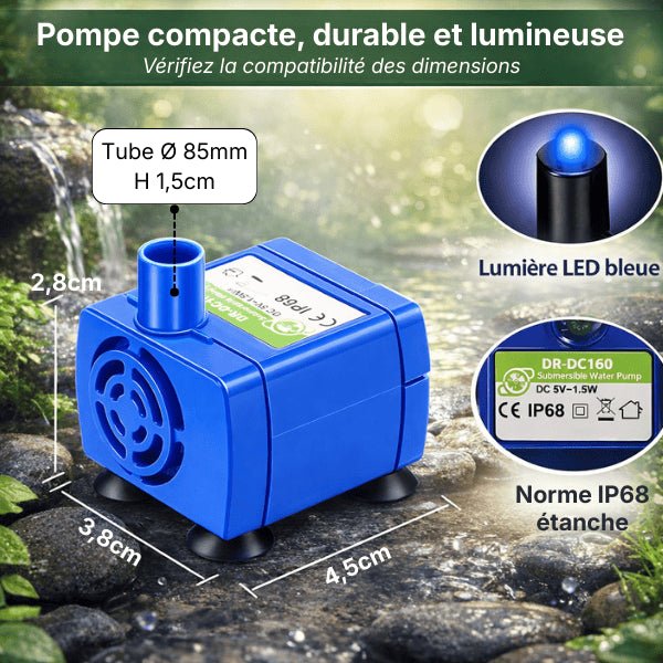Pompe fontaine chat compacte avec LED bleue et norme étanche IP68