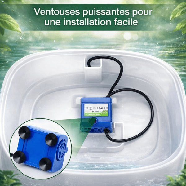 Pompe fontaine chat installée dans une fontaine grâce à des ventouses puissantes
