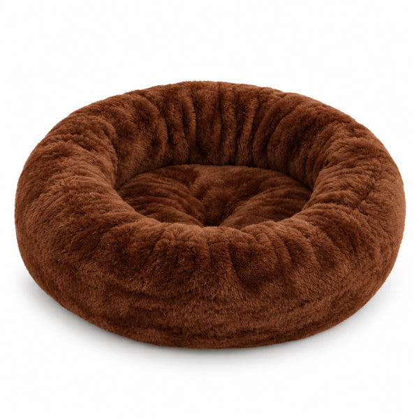 Pouf chat rond marron avec assise centrale moelleuse et bordure épaisse enveloppante