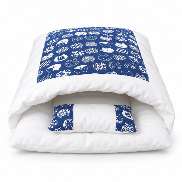Sac de couchage pour chat bleu imprimé avec coussin oreiller intégré rassurant
