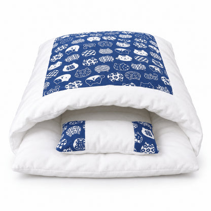 Sac de couchage pour chat bleu imprimé avec coussin oreiller intégré rassurant