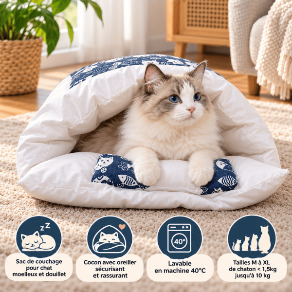 Sac de couchage pour chat bleu semi fermé lavable et adapté plusieurs tailles