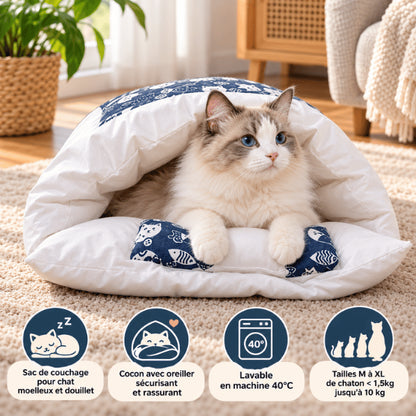 Sac de couchage pour chat bleu semi fermé lavable et adapté plusieurs tailles