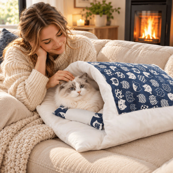 Sac de couchage pour chat bleu avec oreiller refuge douillet sur canapé