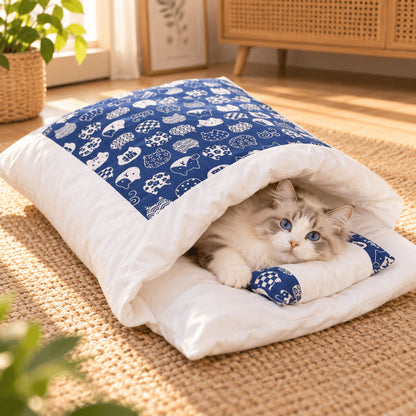 Sac de couchage pour chat bleu avec oreiller refuge intérieur pour sieste