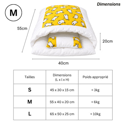 Sac de couchage pour chat avec tailles S M L et dimensions détaillées