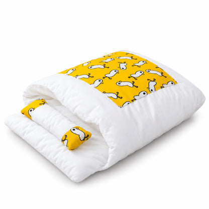 Sac de couchage pour chat jaune vue latérale du refuge rembourré douillet
