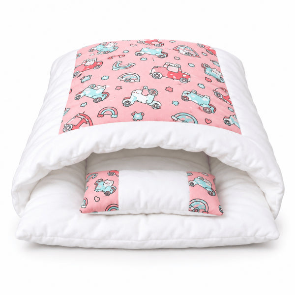 Sac de couchage pour chat rose imprimé avec oreiller intérieur rembourré