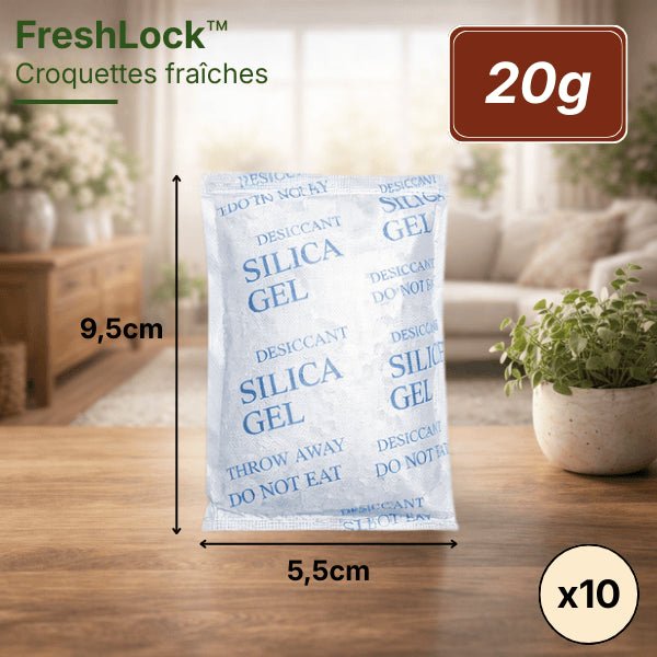 Sachet absorbeur d'humidité 20g pour distributeur de croquettes avec dimensions 5,5 x 9,5 cm - FreshLock™